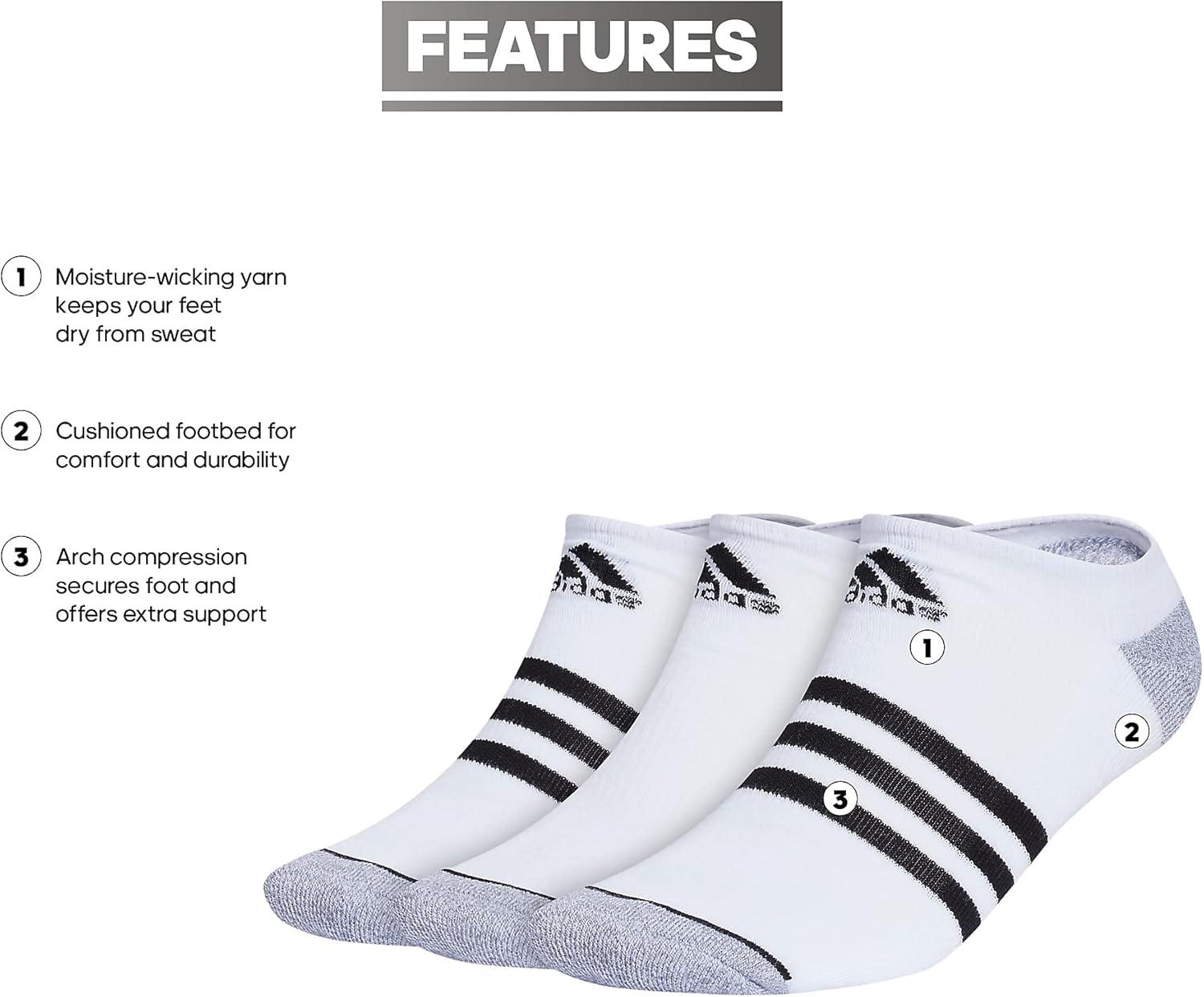 image:imageadidas Mens Cushioned No Show Socks 3 Pairs Durable amp ComfortableWhiteGreyBlack3stripe3