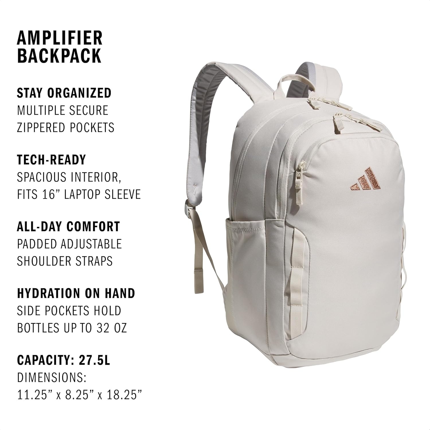 image:imageadidas Amplifier Backpack for Laptop School and Gym 28LAlumina BeigeRose GoldRegular