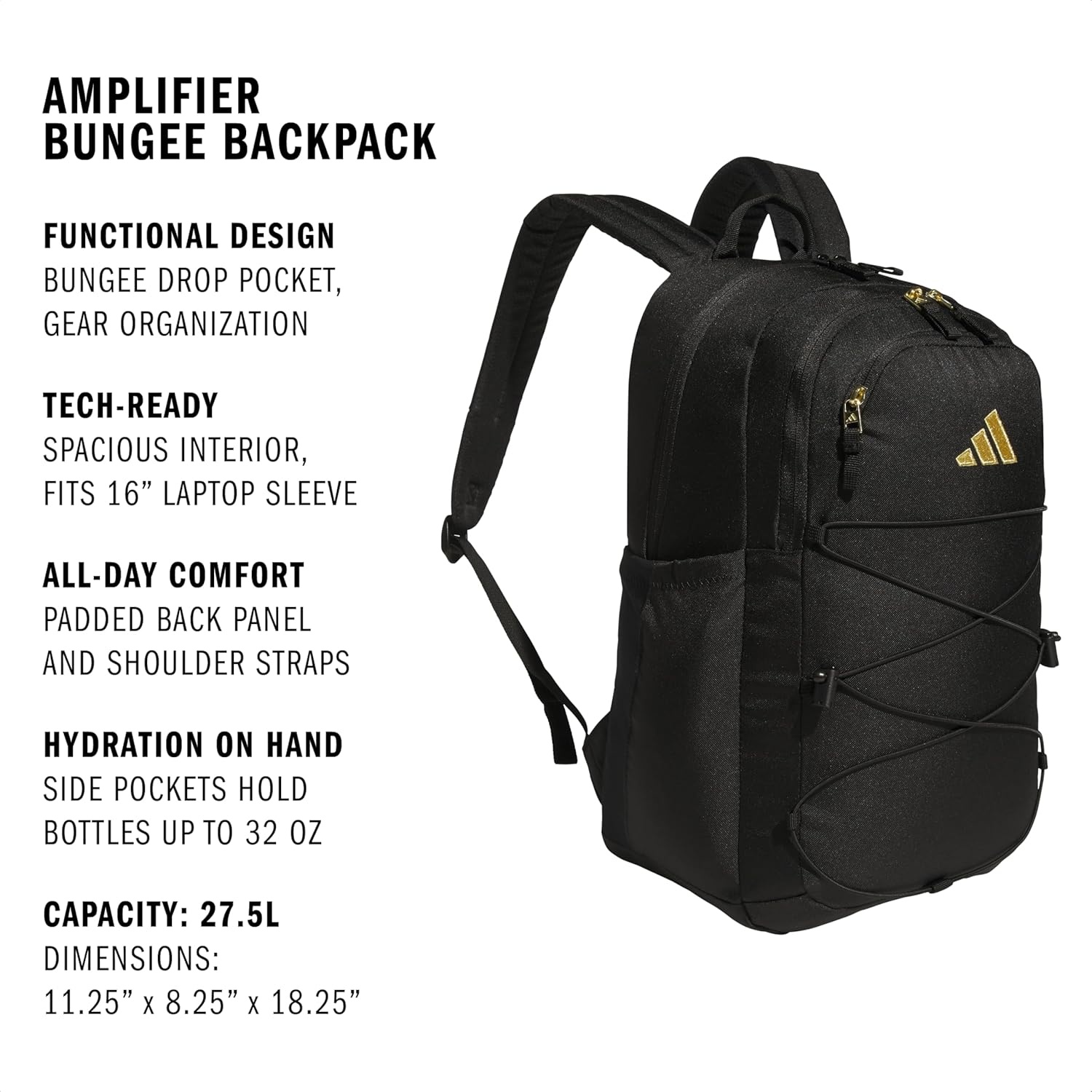 image:imageadidas Amplifier Backpack for Laptop School and Gym 28LBlackGold MetallicBungie