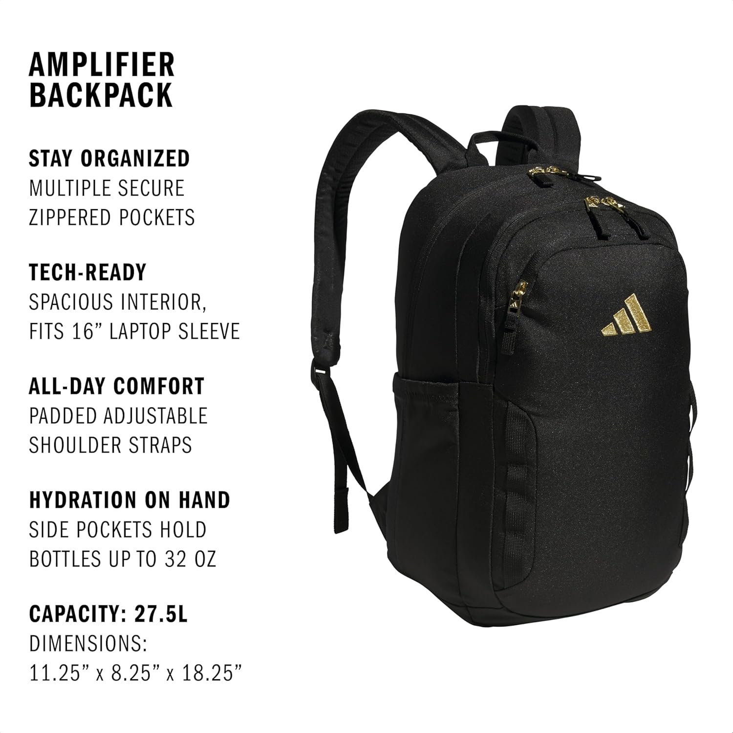 image:imageadidas Amplifier Backpack for Laptop School and Gym 28LBlackGold MetallicRegular