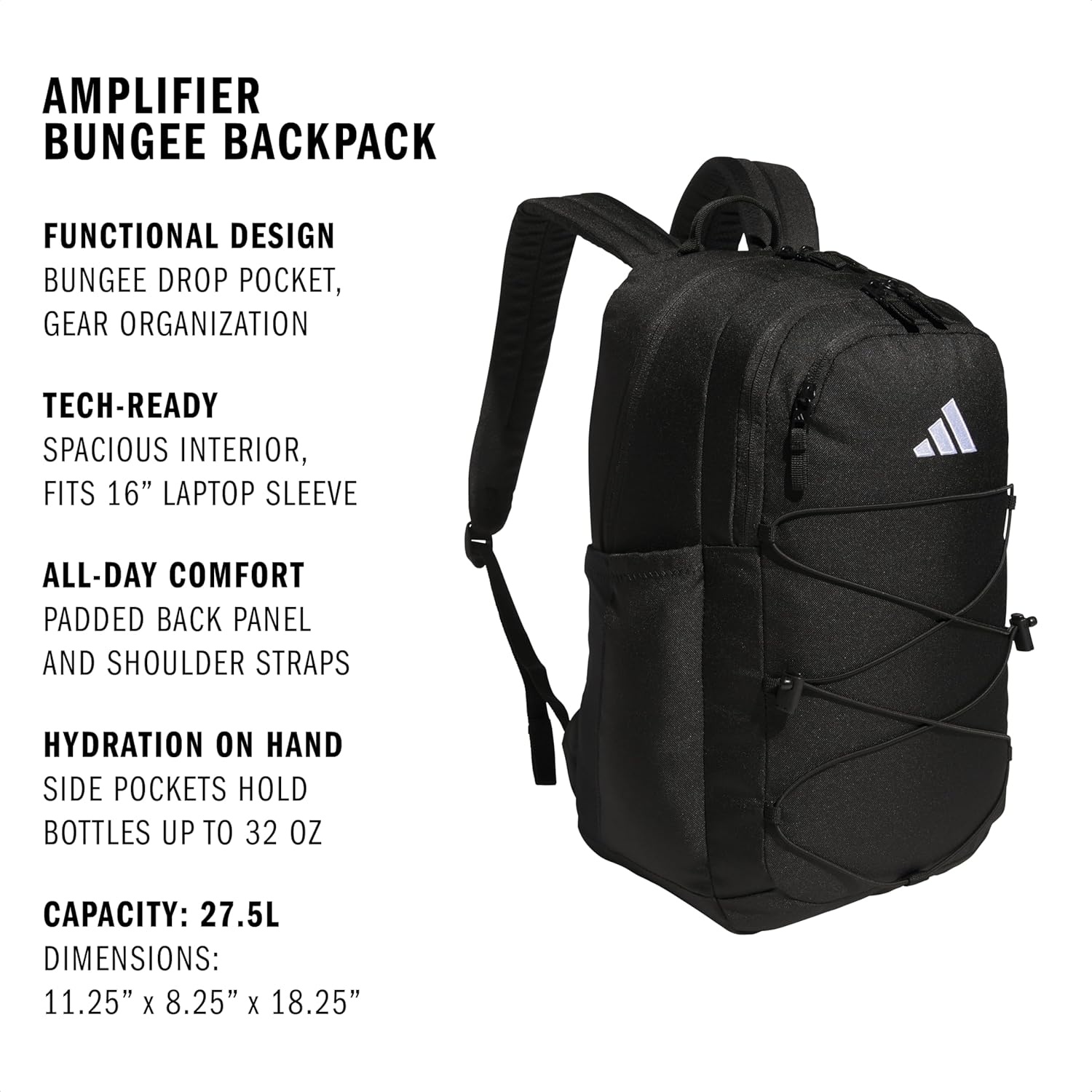 image:imageadidas Amplifier Backpack for Laptop School and Gym 28LBlackWhiteBungie