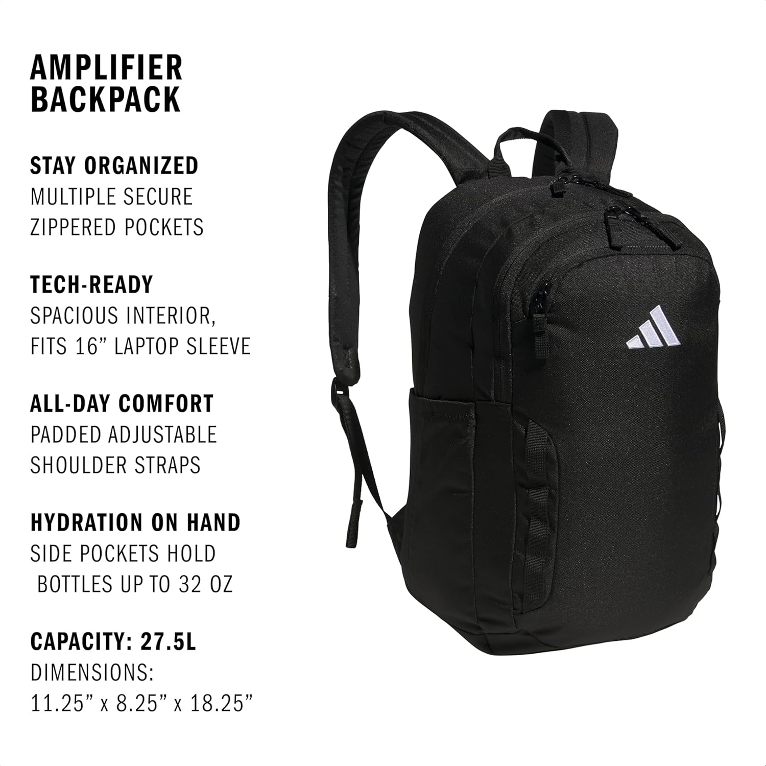 image:imageadidas Amplifier Backpack for Laptop School and Gym 28LBlackWhiteRegular