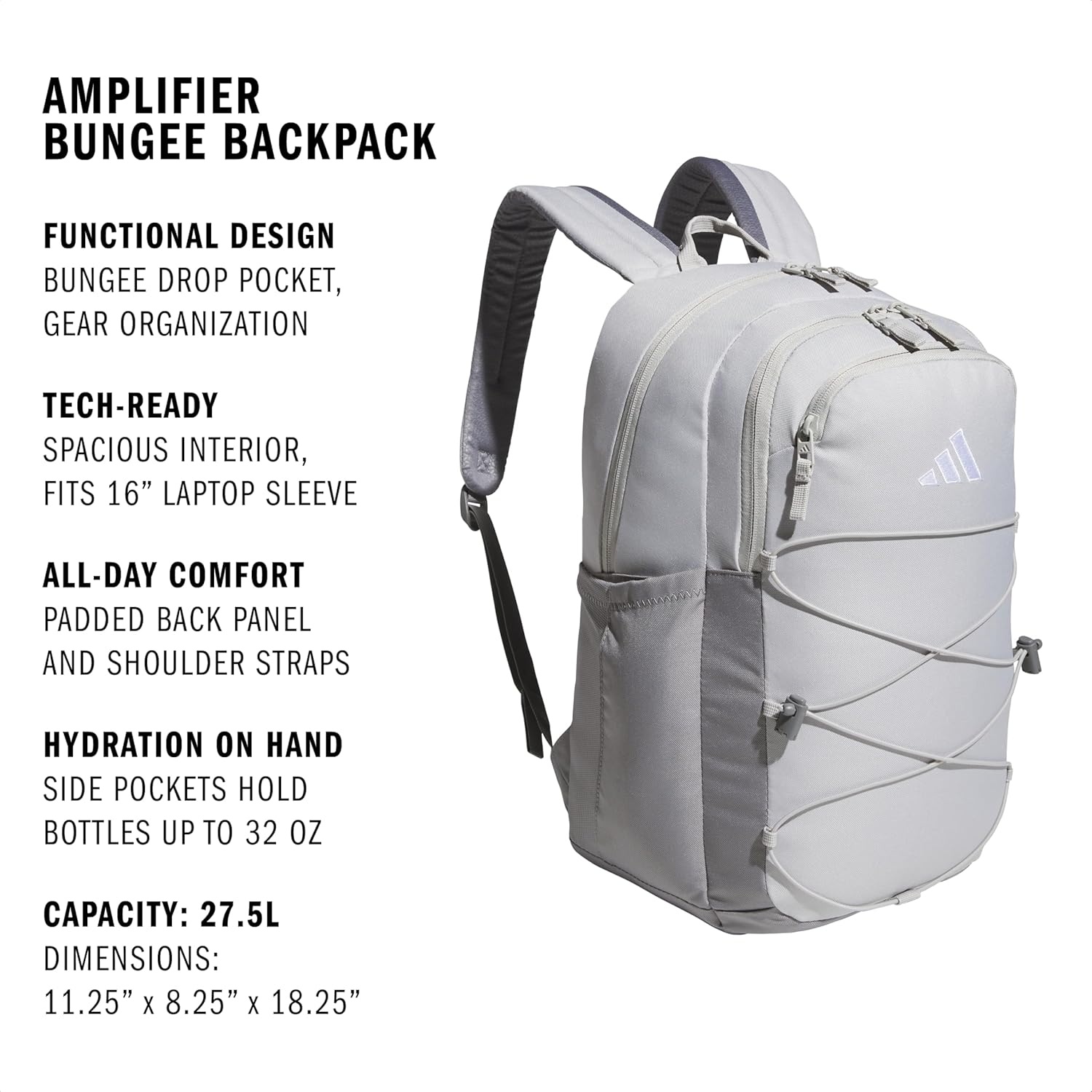 image:imageadidas Amplifier Backpack for Laptop School and Gym 28LGrey ThreeGrey TwoWhiteBungie