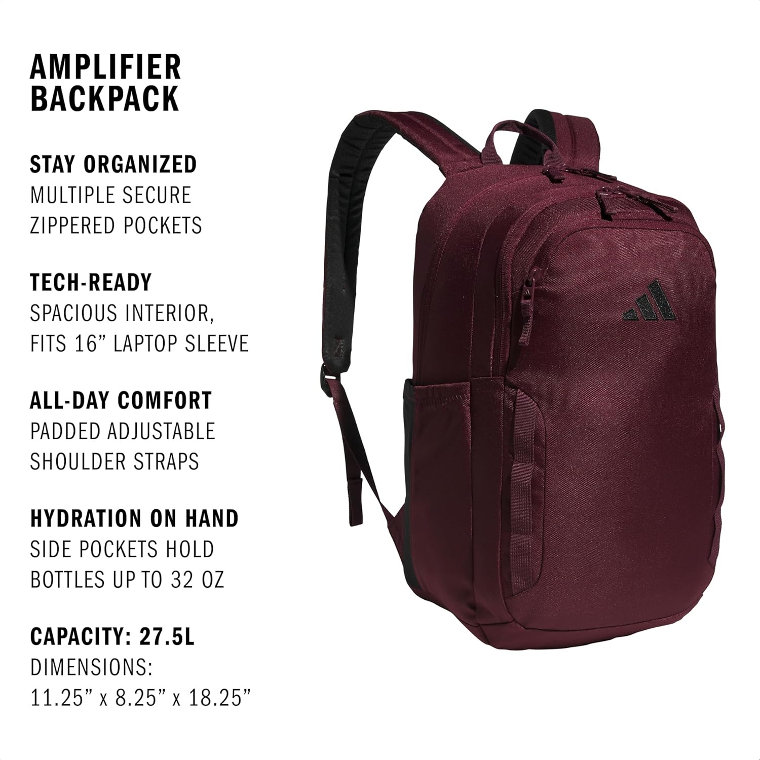 image:imageadidas Amplifier Backpack for Laptop School and Gym 28LMaroonRegular