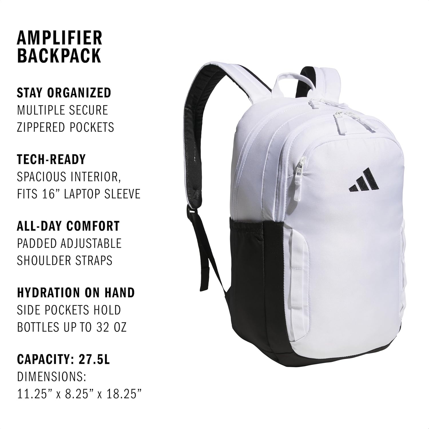 image:imageadidas Amplifier Backpack for Laptop School and Gym 28LWhiteBlackRegular