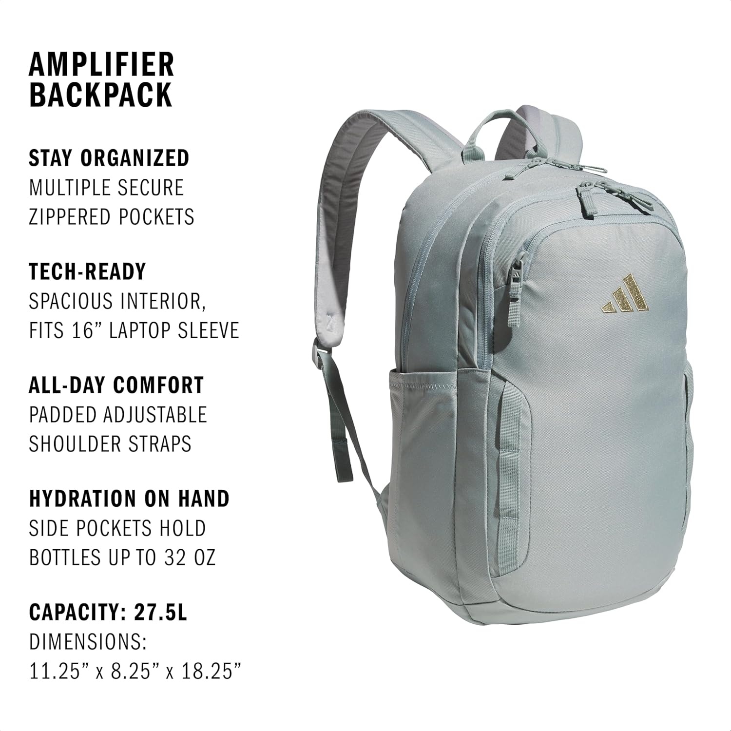 image:imageadidas Amplifier Backpack for Laptop School and Gym 28LWonder Sage GreenWhiteRegular