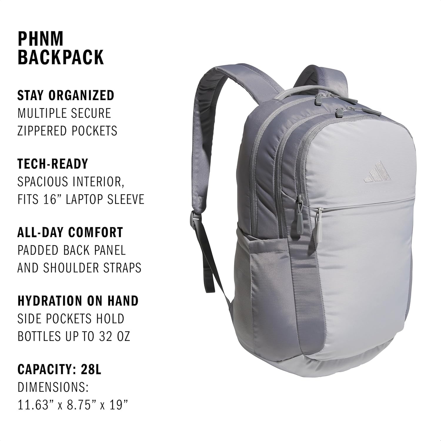 image:imageadidas PHNM Backpack for Laptop School and Travel 28LGrey ThreeGrey Two