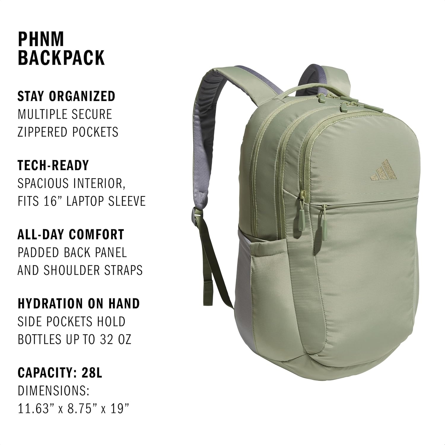 image:imageadidas PHNM Backpack for Laptop School and Travel 28LTent GreenGrey Three